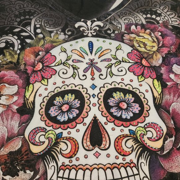 Sweet Gisele Sugar Skull T-Shirt Rhinestone Embellished Double Sided Womens XXL - Picture 5 of 9